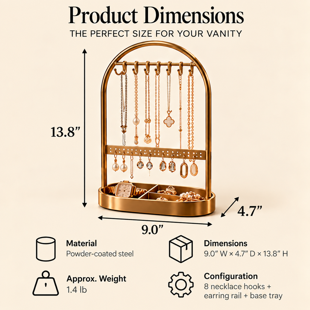 CUDORENA™ Marais Arched Jewelry Stand – Metal Necklace, Bracelet & Earring Display Organizer for Dressing Table