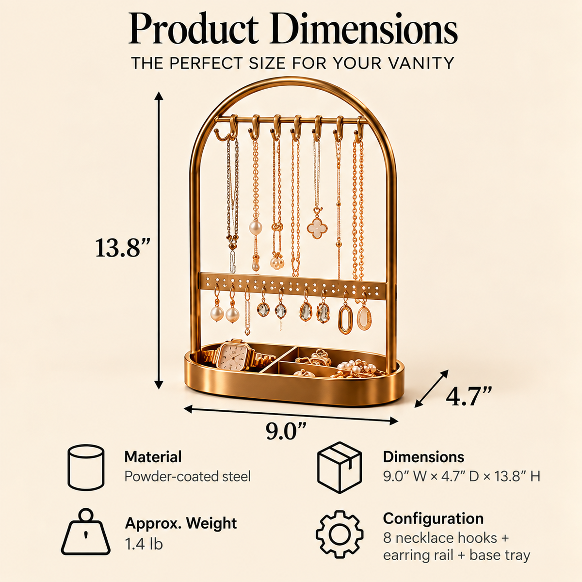 CUDORENA™ Marais Arched Jewelry Stand – Metal Necklace, Bracelet & Earring Display Organizer for Dressing Table