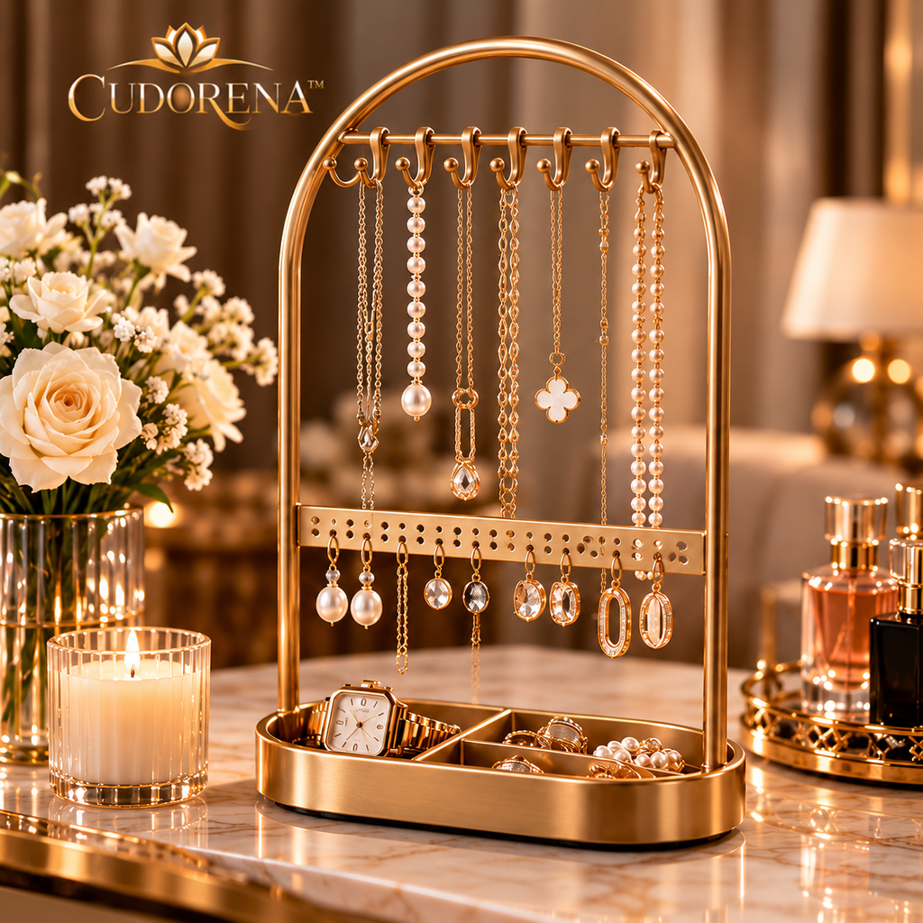 CUDORENA™ Marais Arched Jewelry Stand – Metal Necklace, Bracelet & Earring Display Organizer for Dressing Table