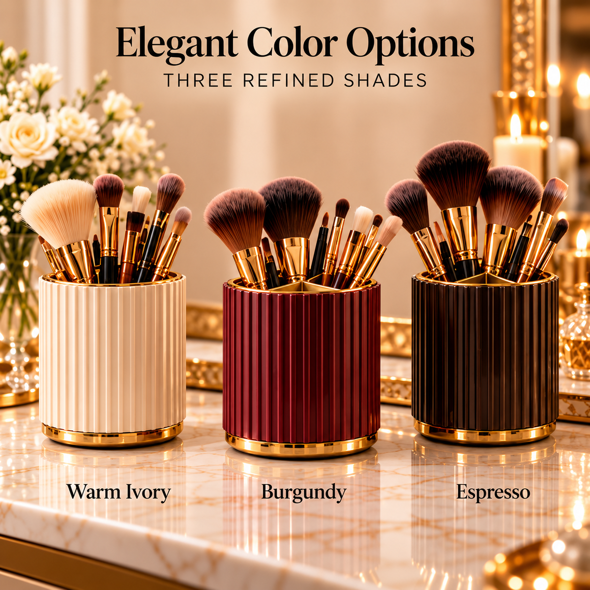 CUDORENA™ Celeste Fluted Makeup Brush Cup – Divided Makeup Brush Holder & Beauty Tool Organizer for Vanity Countertop