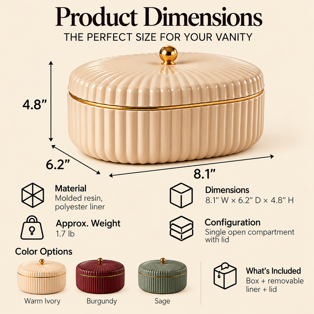 CUDORENA™ Rosalie Lidded Vanity Box – Decorative Fluted Storage Box for Jewelry, Hair Accessories & Beauty Essentials